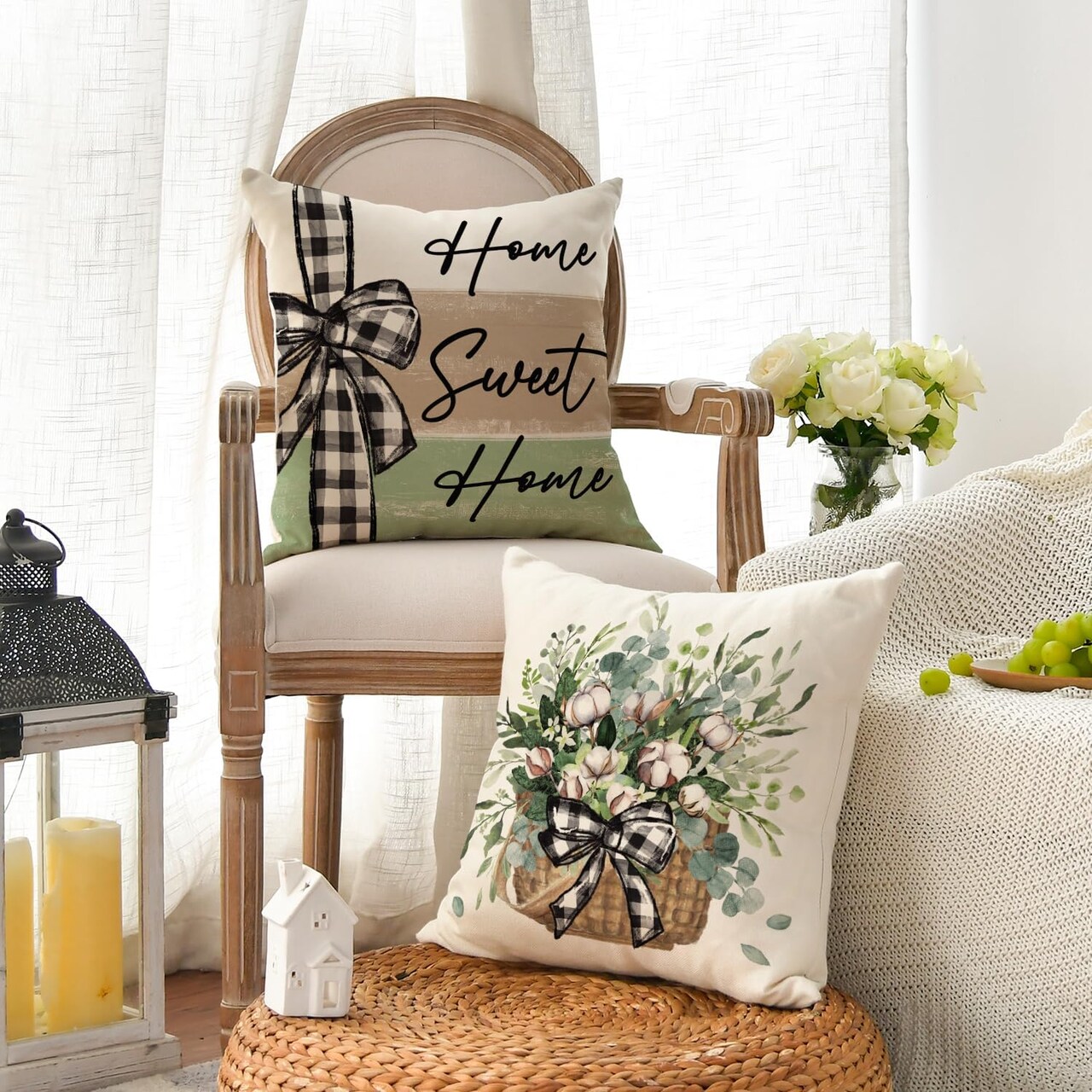 Home Sweet Home Farmhouse Eucalyptus Leaves Throw Pillow Covers, 18 x 18 Inch Truck Stripes Buffalo Plaid Cushion Case Decorations Set of 4